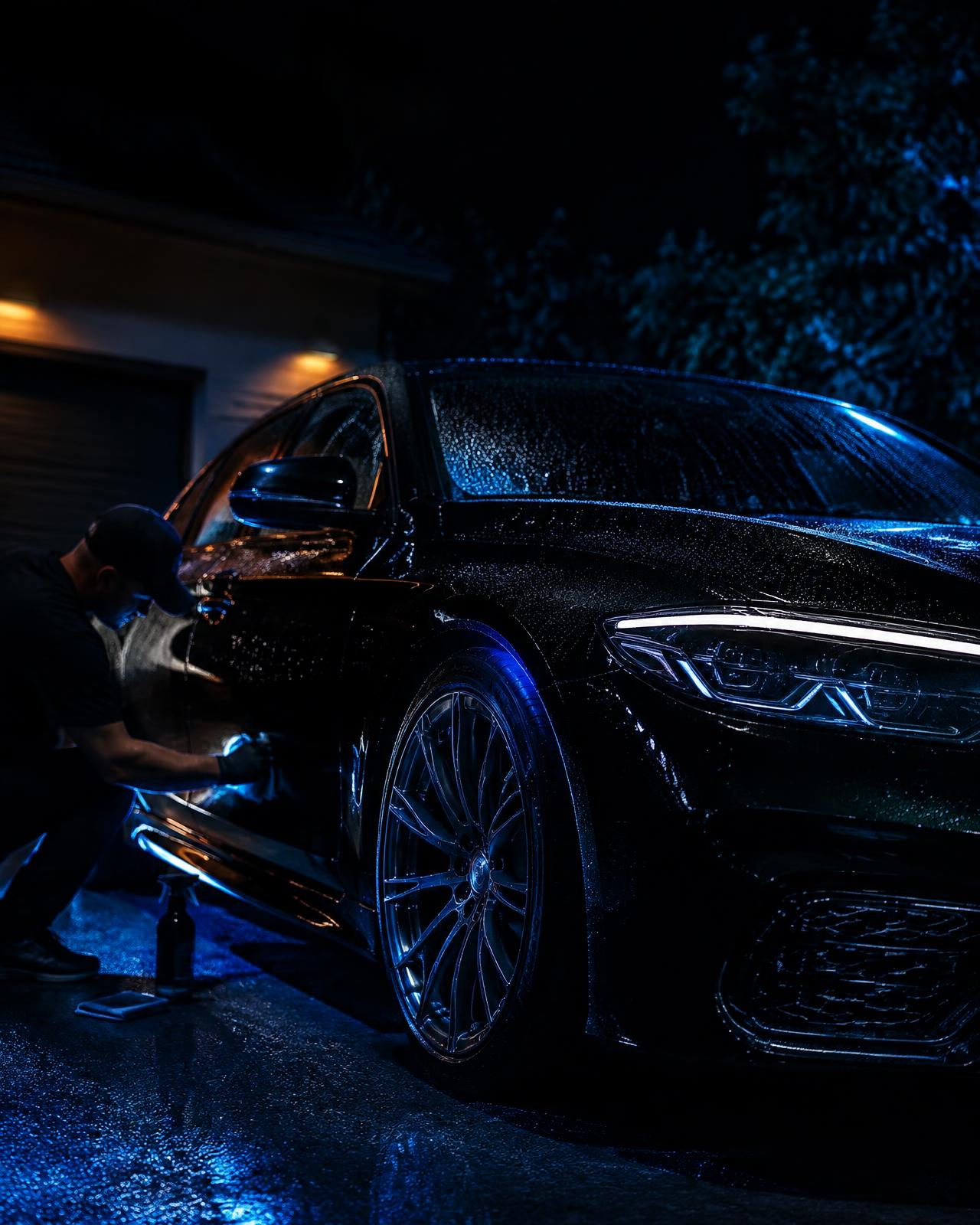 Detailer polishing a black sedan at night